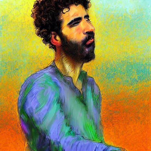 Image similar to arab man with curly hair skydiving, pastel colors, digital painting, impressionist, figurative, intricate details, dreamy, fairylike