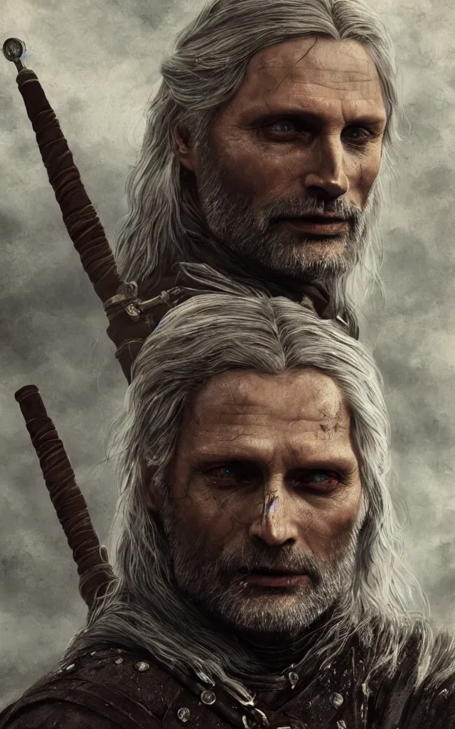 Image similar to mads mikkelsen as vesemir from the witcher, artstation, by camille corot, cinematic, dramatic, filmic, 8 k, moody lighting, cinematic lighting, insanely detailed and intricate, hypermaximalist, elegant, ornate, hyper realistic, super detailed