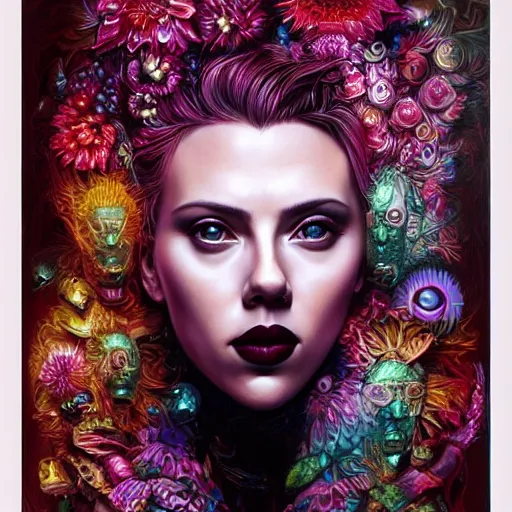 Image similar to portrait of scarlett johansson, hyper detailed masterpiece, neon floral pattern, jean giraud, digital art painting, darkwave goth aesthetic, psychedelic, artgerm, donato giancola and tom bagshaw