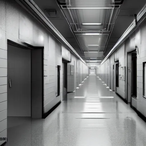 Prompt: hallways of underground lab, sterile, clean, cinematic, liminal space, unreal engine, photorealism, haunting