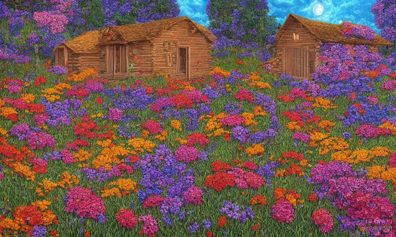 Prompt: a cabin in a mystical field of flowers, oil on canvas, intricate, hd, digital art, complementing colors, detailed, illustration painting by alex gray, digital art, moebius