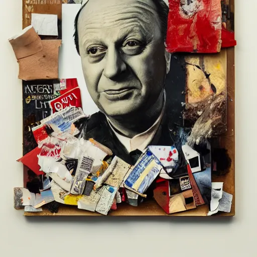 Image similar to hyperrealistic, photorealistic, mixed media oil painting of jack benny, magazine scraps, plaster, blood, oil, mustard, cigarettes, splatter, trending on artstation, award - winning painting, greg rutkowski, basquiat, ralph steadman, terry gilliam