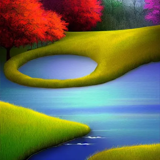 Image similar to A beautiful digital art of of a landscape. It is a stylized and colorful view of an idyllic, dreamlike world with rolling hills, peaceful looking animals, and a flowing river. The scene looks like it could be from another planet, or perhaps a fairy tale. mint, airbrush by Mandy Disher exciting