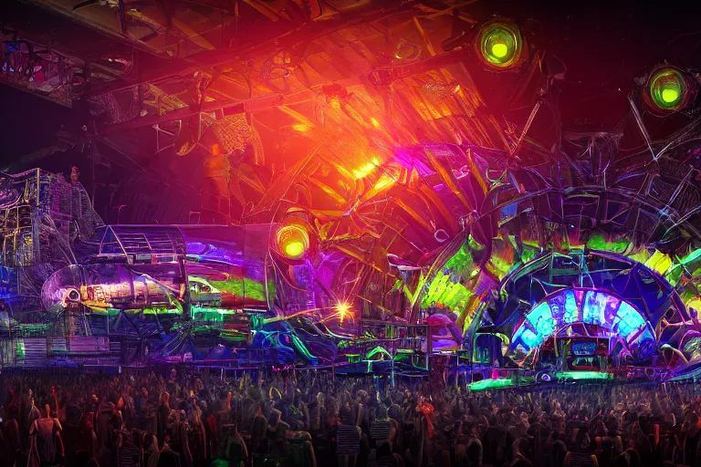 Prompt: a huge outdoor festival stage, center of the stage is a huge futuristic steampunk generators surrounded by steampunk machinery with huge loudspeakers, rock musicians on the stage, laser show, 8 k, fluorescent colors, halluzinogenic, multicolored, exaggerated detailed, unreal engine