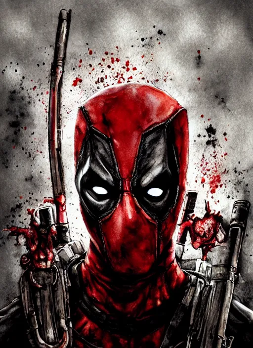 Image similar to portrait, Zombie Deadpool, watercolor, dramatic lighting, cinematic, establishing shot, extremly high detail, foto realistic, cinematic lighting, pen and ink, intricate line drawings, by Yoshitaka Amano, Ruan Jia, Kentaro Miura, Artgerm, post processed, concept art, artstation, matte painting, style by eddie mendoza, raphael lacoste, alex ross