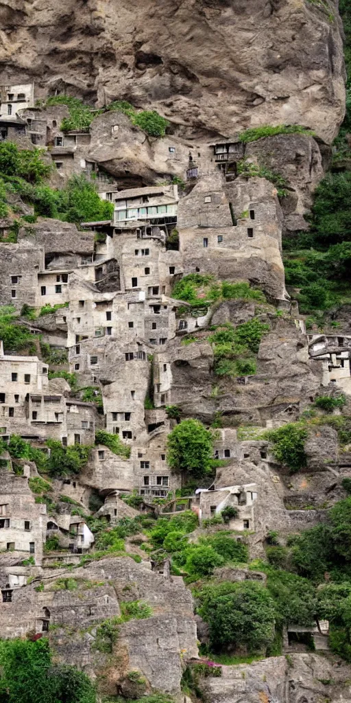 Image similar to a large village of stone houses carved into the side of a tall cliff