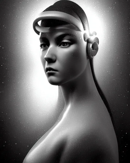 Prompt: dreamy, monochrome, subsurface scattering, white, cyborg goddess in cosmos, black and white, octane render, virgil finlay, mark ryden, highly detailed, rim light, art, cinematic lighting, very coherent, hyper realism, 8 k