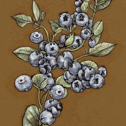 Image similar to botanical drawing of blueberry bush. Traditional art. Rustic. Nordic. Trending on artstation. Detailed. Shrub. Nature. Artistic.