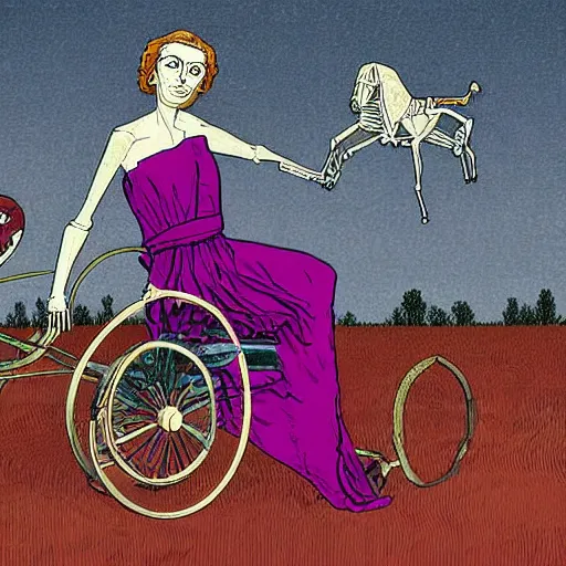 Image similar to The digital art features a human figure driving a chariot. The figure is skeletal and frail, with a large head and eyes. The chariot is pulled by two animals, which are also skeletal and frail. magenta by Adrian Tomine, by Vittorio Matteo Corcos distorted, intuitive