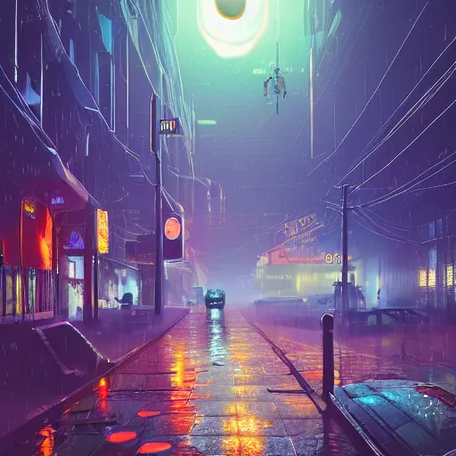 Image similar to many mechanical jellyfishes floating in the street at night after the rain, a mountain in the distance, surreal, cyberpunk, psychedelic, highly detailed, digital art, blade runner 2 0 4 9, 8 k