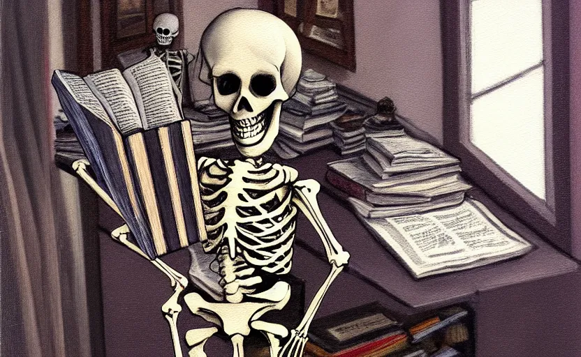 Prompt: a cozy skeleton that is dressed in sleepwear, and he is holding a large book, classic oil painting, cold tones, nightcap, slippers, dim lighting, extreme clutter, messy room, award - winning art, extremely detailed, sharp focus