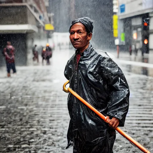 Image similar to closeup portrait of a cleaner with a mop fighting puddles in rainy new york street, by Steve McCurry and David Lazar, natural light, detailed face, CANON Eos C300, ƒ1.8, 35mm, 8K, medium-format print