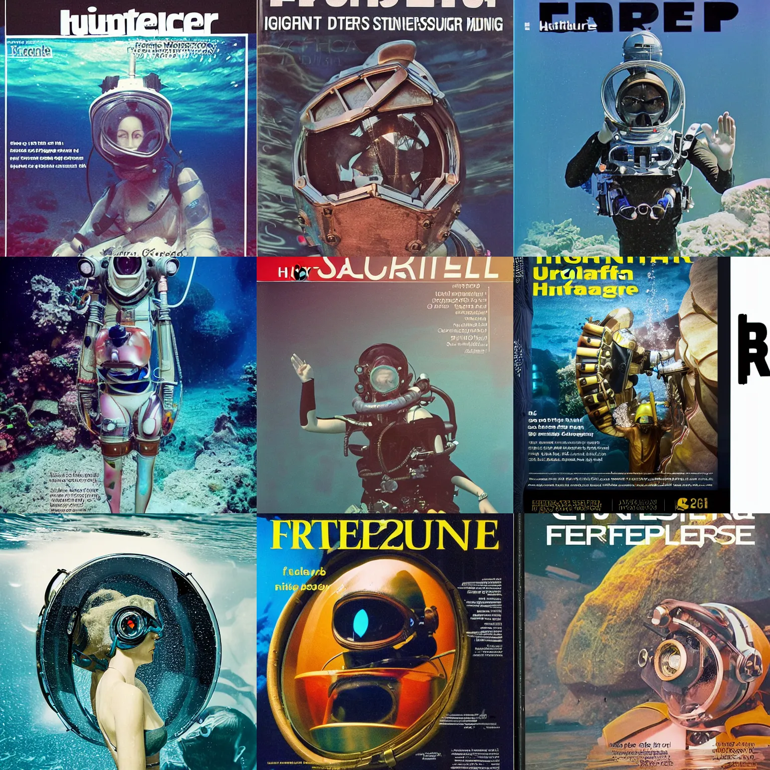 Prompt: beautiful photo in style of frontiers in human deep diving helmet science fashion magazine retrofuturism underwater edition, highly detailed, 35mm, soft lighting