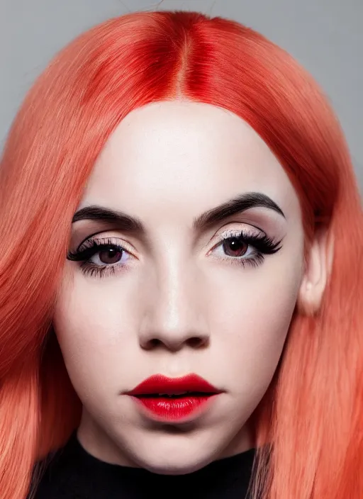 Image similar to ava max bright red hair photographed by charlotte rutherford, canon, highly realistic. high resolution. highly detailed. dramatic. 8 k. 4 k.