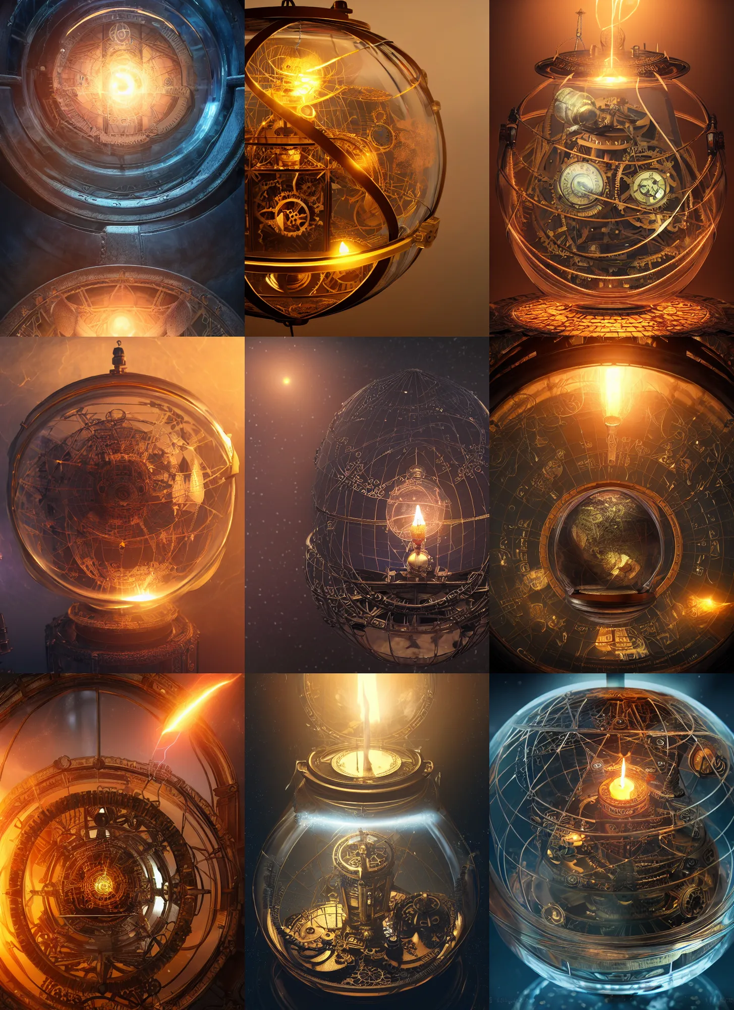 Prompt: steampunk stargate planisphere inside a glass jar, lightning, intricate detail, volumetric lighting, epic composition, hyper detailed, ultra realistic, sharp focus, octane render, candle, volumetric, ray tracing, artstation trending, cgsociety, sense of awe, swirling mist, 4 k