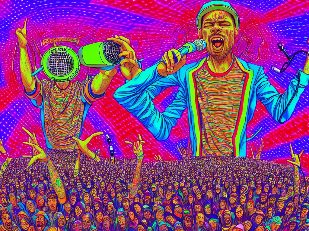 Image similar to rapping on stage at festival, holding microphone, giant crowd, epic angle, happy, psychedelic, hip hop, surreal, neon, vaporwave, detailed, illustrated by Alex Grey, 4k