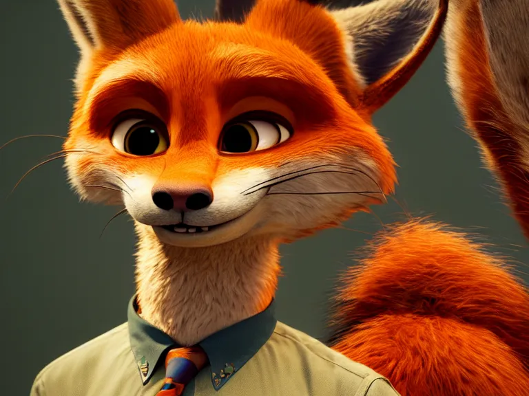 Image similar to a film still from zootopia main character portrait anthro anthropomorphic fox head animal person fursona nick wilde pixar and disney animation, sharp, rendered in unreal engine 5, anime key art by greg rutkowski, bloom, dramatic lighting chaotic cursed multiple pupils texture disaster bad modeling beginner render