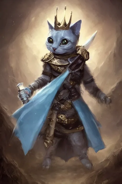 Image similar to cute little anthropomorphic cat knight wearing a cape and a crown, tiny, small, miniature cat , baby animal, short, pale blue armor, cute and adorable, pretty, beautiful, DnD character art portrait, matte fantasy painting, DeviantArt Artstation, by Jason Felix by Steve Argyle by Tyler Jacobson by Peter Mohrbacher, cinematic lighting