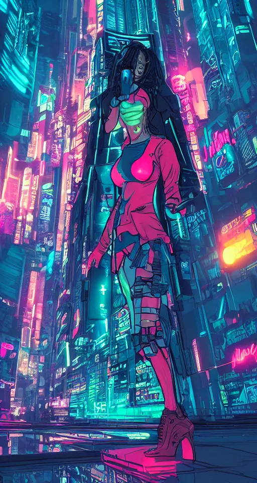 Image similar to comics, cyberpunk women, city, neon lights, glow, retrowave style, sunset,