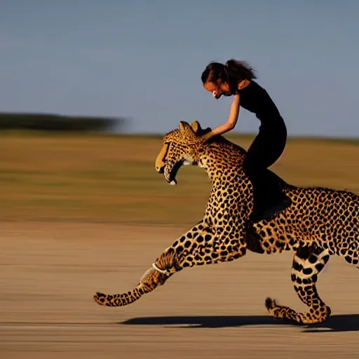 Prompt: girl riding a cheetah on a race track