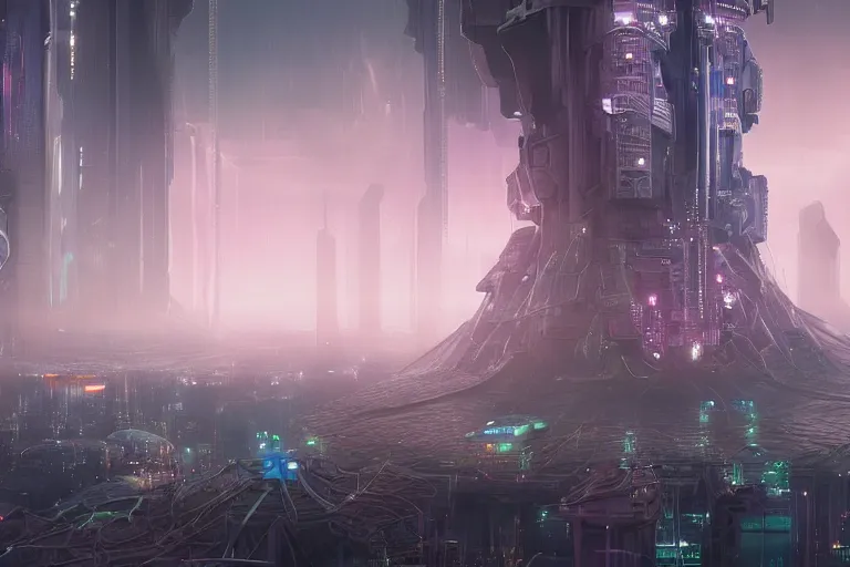 Image similar to a futuristic image of an alien swampland with gigantic complex shaped tower with tubes intersecting, by James clyne and Andrée Wallin, foggy, cyberpunk city in the distance, iridescent, artstation, CG society, Ariel view, wide angle