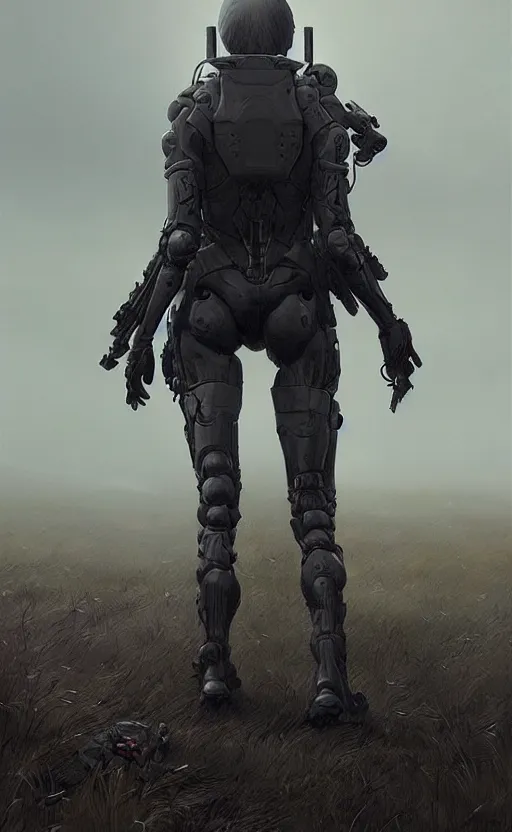 Prompt: death stranding landscape, anatomically correct human female figure wearing tactical gear in field facing forward, cinematic lighting, dark shadows, hyper detailed, digital painting by greg rutkowski and simon stalenhag, artstation, cgsociety, intricate, concept art