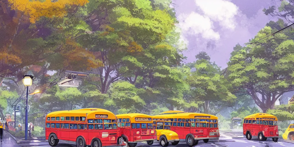 Image similar to chibi school bus traffic in a japanese suburb with high redwood trees. autumn afternoon puddles after the rain. neo - georgian city blocks and stone brick retaining walls near the sidewalk. anime studio ghibli movie trending on artstation.