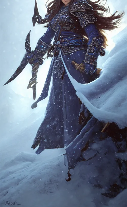 Image similar to azure viking warrior, regal, elegant, winter, snow, beautiful, stunning, hd, illustration, epic, d & d, fantasy, intricate, elegant, highly detailed, wide angle, digital painting, artstation, concept art, smooth, sharp focus, illustration, wallpaper, art by artgerm and greg rutkowski and alphonse mucha and jin xiaodi