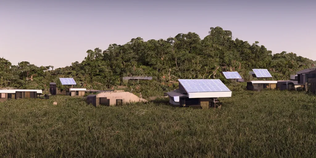 Image similar to hypermodern offgrid village with solarpanels integrated in nature, forte gimenes marcondes ferryz arquitetos detailed, octane render, photo realism, 3D, ray tracing, photo realism