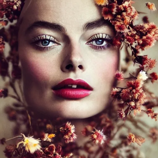 Image similar to fine art photo of the beauty goddess margot robbie, she has a crown of dried flowers, by oleg oprisco