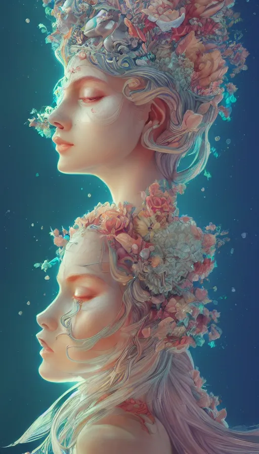 Prompt: a beautiful goddesses, profile, full body, universe, dream, highly detailed, digital painting, refreshing, trending on artstation, octane render, illustration by james jean