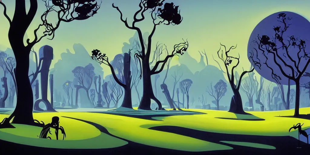 Image similar to graveyard, gouache, animated film, stylised, illustration, by eyvind earle, scott wills, genndy tartakovski, syd mead