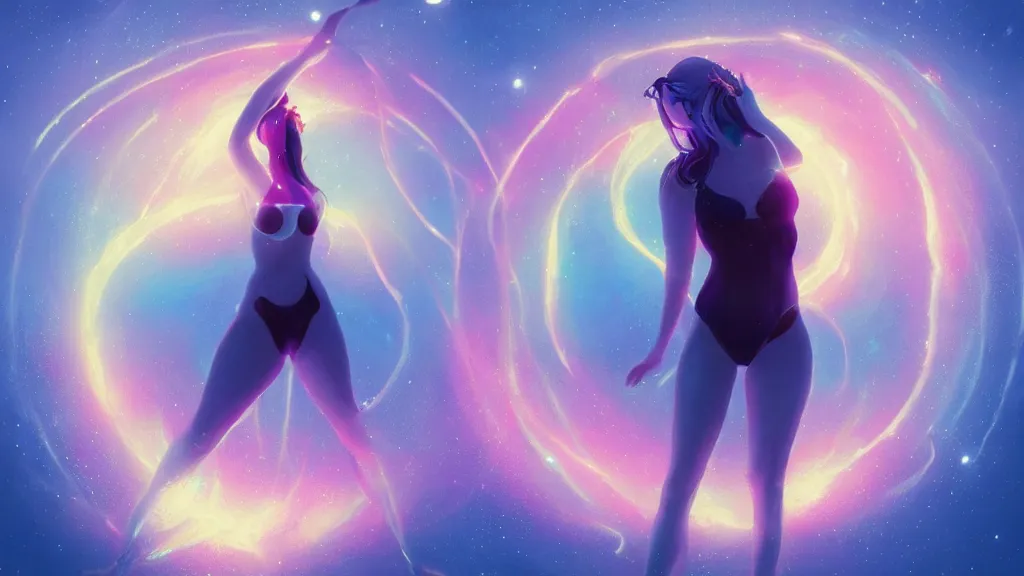 Prompt: one beautiful whimsical goddess standing in a lake basking in the moonlight, underneath a multi-colored binary blackhole with an accretion disc, glowing trails following her arms, by Lois van Baarle, by Greg Rutkowski, by artgerm, by beeple, by studio ghibli, cinematic angle, volumetric lighting, 4k resolution, octane render, trending on artstation, masterpiece