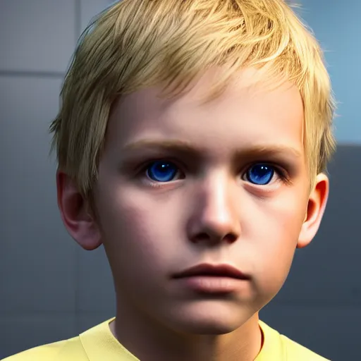 Image similar to a detailed portrait of boy with blonde hair and blue eyes, unreal engine 5 rendered, incredibly highly detailed and realistic, 8 k, sharp focus, studio quality