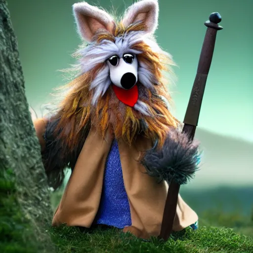 Image similar to photorealistic real life foxfolk wizard druid as a very fancy and very adorable and lovable furry muppet plush wearing a fancy elven cloak and holding a sentient scimitar, photography, national geographic, sesame street