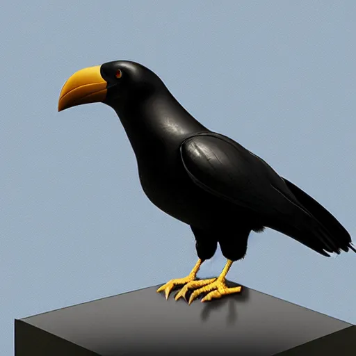 Image similar to a giant crow with a round body short legs and large black beak sitting in a black stone obelisk, photorealistic computer animation, film by Jon Favreau