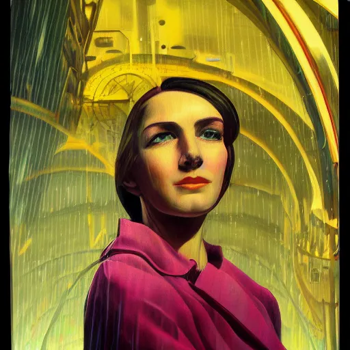 Image similar to detailed face of a woman, clockwork, moment, tectonic sky, skydome, bullet train, turbines, utopian, tech noir, wet reflections, prism, atmospheric, ambient, pj crook, syd mead, john singer sargent, emma uber, edward hopper