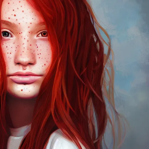 Image similar to portrait of a teen girl with freckles with long red hair and bright brown eyes, 8 k, highly detailed, digital painting, artstation, sharp focus, illustration