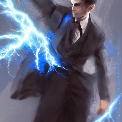 Prompt: a handsome young man with glowing blue eyes sparkling with blue lightning in emotional turmoil. sparks. electricity. digital art. fantasy. matte painting sharp focus. action pose. dynamic poses. highly detailed. uhd. by michael garmash. krenz cushart tianhua xu