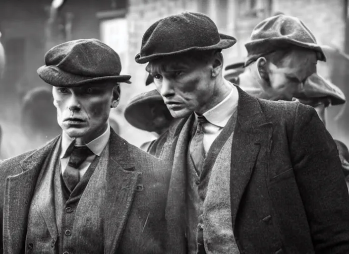 Prompt: an action scene from peaky blinders, medium long shot, cillian murphy and tom hardy, sharp eyes, serious expressions, detailed and symmetric faces, black and white, cinematic, epic,