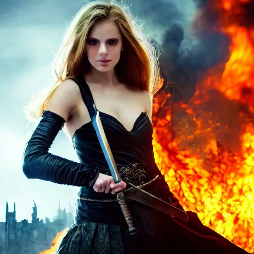 Image similar to a beautiful girl with a beautiful face in a torn dress holding a sword against the background of a burning city, finale fantasy