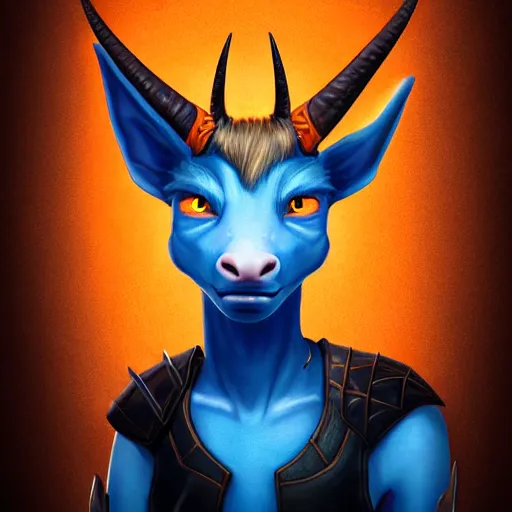 Image similar to illustrated realistic tilted head portrait female prong-horned kobold with blue bob hair with black-eyes wearing strap leather armor, orange glow, backlit by rossdraws