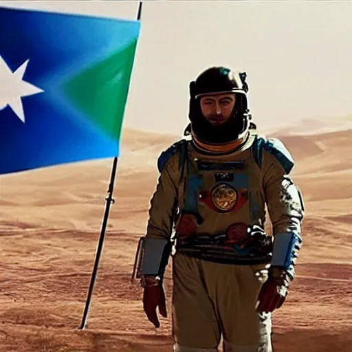 Image similar to kurdish astronaut holding a kurdistan flag in a movie directed by christopher nolan, movie still frame, promotional image, imax 7 0 mm footage