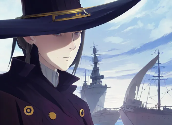 Image similar to side portrait of lady maria, helm of second world war warship in background, illustration concept art anime key visual trending pixiv fanbox by wlop and greg rutkowski and makoto shinkai and studio ghibli and kyoto animation, symmetrical facial features, astral witch clothes, modern warfare, realistic anatomy, gapmoe yandere grimdark, volumetric lighting, backlit