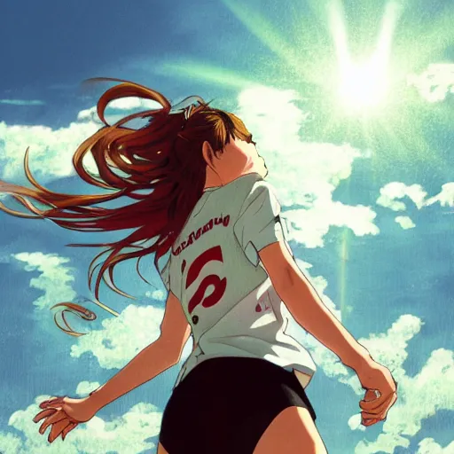 Image similar to a girl is running, sport clothing, anime style, long hair, hair down, symmetrical facial features, from yowamushi pedal, hyper realistic, highly detailed, rule of thirds, extreme detail, detailed drawing, trending artstation, realistic lighting, by alphonse mucha, greg rutkowski, sharp focus, backlit, high budget show, realistic anatomy