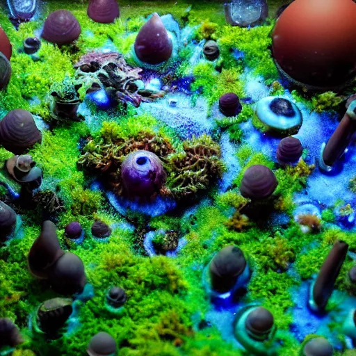 Prompt: alien planet, lush with fluorescent mushrooms encapsulated in a terrarium, high detail, photorealistic