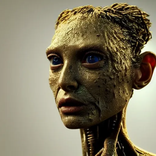 Image similar to photo taken of an epic intricate, ultra detailed, super realistic gritty, wet, lifelike sculpture of an humanoid android creature with bioluminescent patches of skin created by weta workshop, zoomed in shots, subsurface scattering, photorealistic, sharp focus, white wall coloured workshop, cold colour temperature, f 0. 4, face centred, golden ratio,