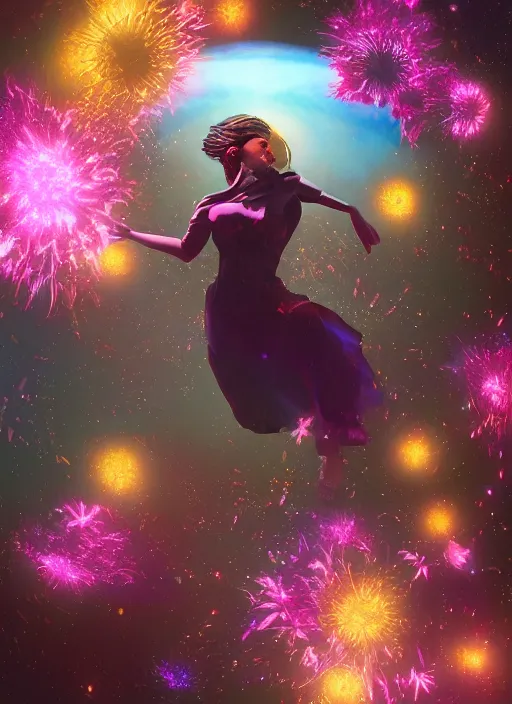 Image similar to An epic fantastic realism comic book style painting of the most beautiful spinning flowers floating into the dark and starry cosmos, exquisite bouquets, fisheye, a star implodes, unreal 5, DAZ, hyperrealistic, octane render, dynamic lighting