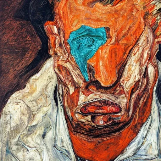 Prompt: high quality high detail expressionist painting of a man in agony by lucian freud and jenny saville egon schiele and francis bacon, hd, anxiety, turquoise and orange