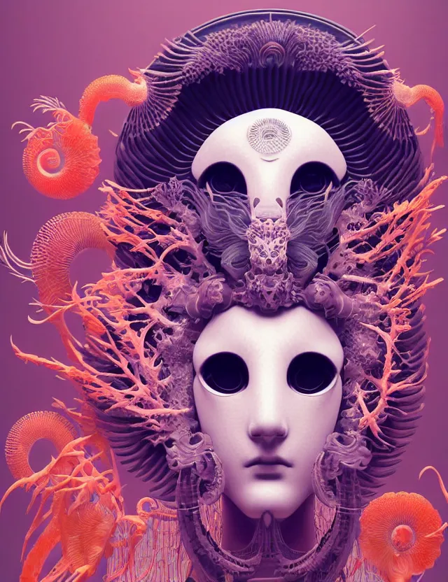 Image similar to simple coherent artwork. 3 d goddess close - up 3 / 4 portrait with ram skull. beautiful intricately detailed japanese crow kitsune mask and clasical japanese kimono. betta fish, jellyfish phoenix, bio luminescent, plasma, ice, water, wind, creature, artwork by tooth wu and wlop and beeple and greg rutkowski